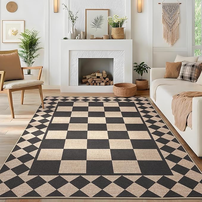 GarveeHome Easy Jute Rug 8x10 Washable Rugs for Living Room Bedroom Checkered Indoor Outdoor Rug for Patio Non-Slip No Shed Jute Rugs Geometric Carpet for Farmhouse Dining Room Backyard, Natural