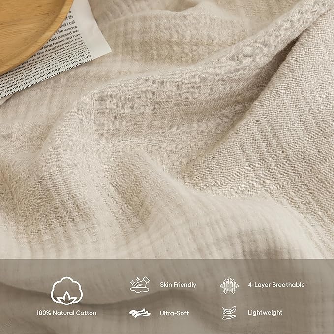 FOSSA Muslin Blanket with Fringe - 4-Layer 100% Cotton Gauze Super Soft & Breathable Throw -Lightweight Decorative Cooling Blanket for Bed, Sofa, Office (Beige, Throw (60" × 50"))