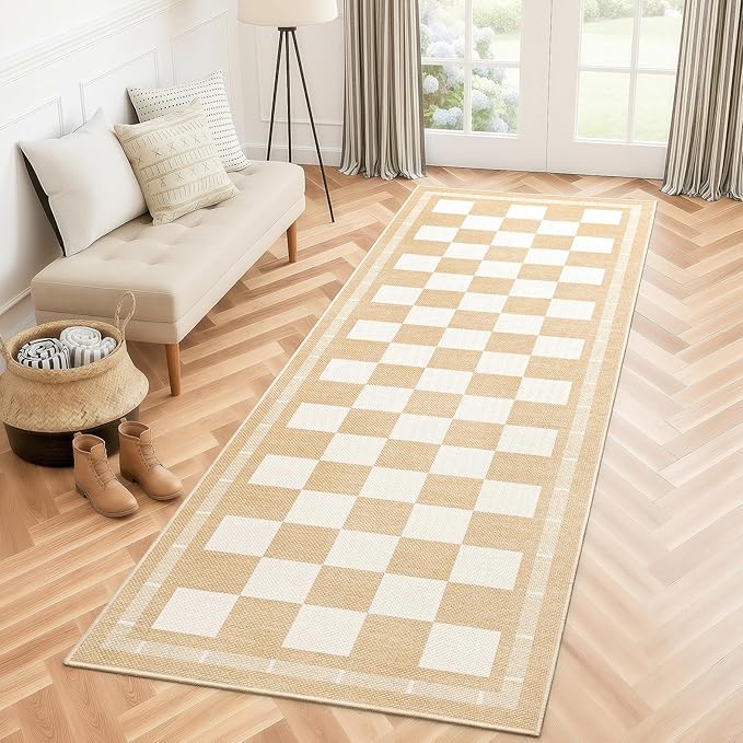 Vasofe 2x6 Runner Rug for Hallway, Washable Checkered Jute Rugs, Outdoor Indoor Patio Porch Balcony Bedroom Kitchen Laundry Geometric Mat, Non Slip Plaid Farmhouse Design Carpet, Khaki and White