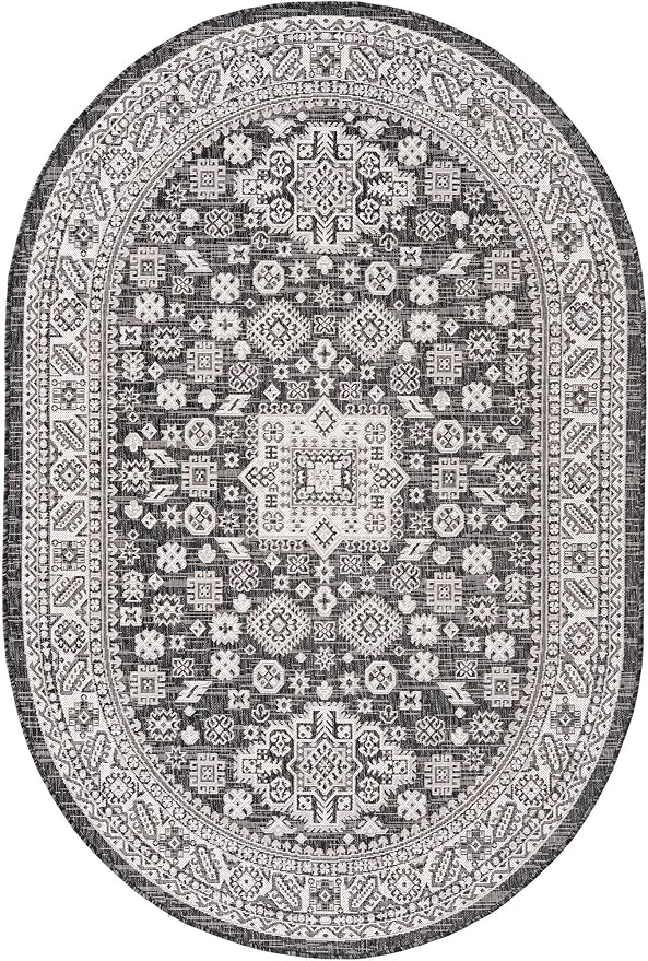 Rugs.com Outdoor Aztec Collection Rug – 5' x 8' Oval Charcoal Gray Flatweave Rug Perfect for Living Rooms, Large Dining Rooms, Open Floorplans