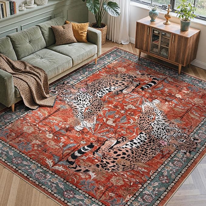 Moynesa Leopard Washable Rugs, 8x10 Area Rugs for Living Room, Soft Large Vintage 8x10 Bedroom Rug, Botanical Non Slip Ultra Thin Floor Carpet for Dining Room Home Office, Rust