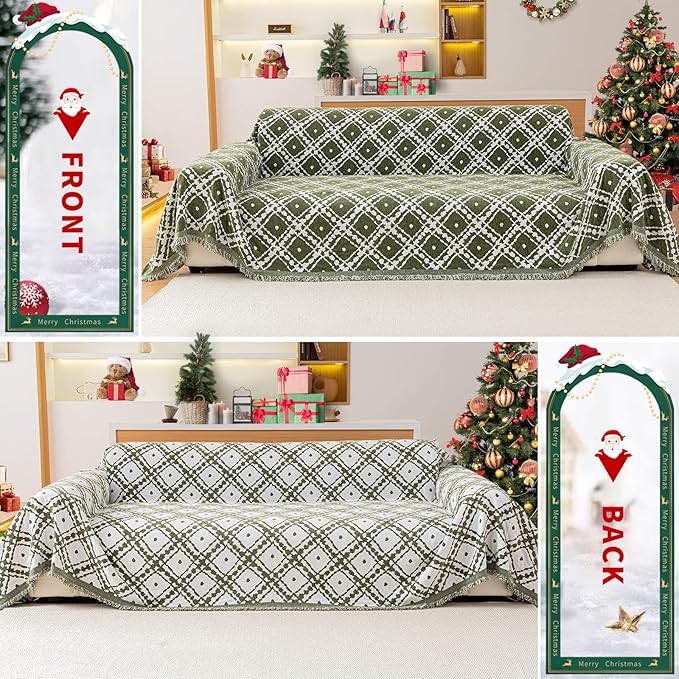 Reversible Couch Cover Blanket, Christmas Couch Cover, Chenille Sofa Cover Blanket, Christmas Sofa Covers Washable, 71"×150" Couch Protector for Recliner & Chair (1PC, Green, Oversized Sofas)