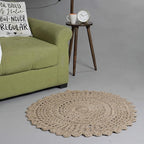 Jute Hand Crochet Rug, Natural - 3 Feet Round, Non Slip Decorative Small Area Rugs for Bedroom, Kitchen, Living Room, Nursery | Farmhouse Accent Scalloped Rustic Door Mat for Patio Décor