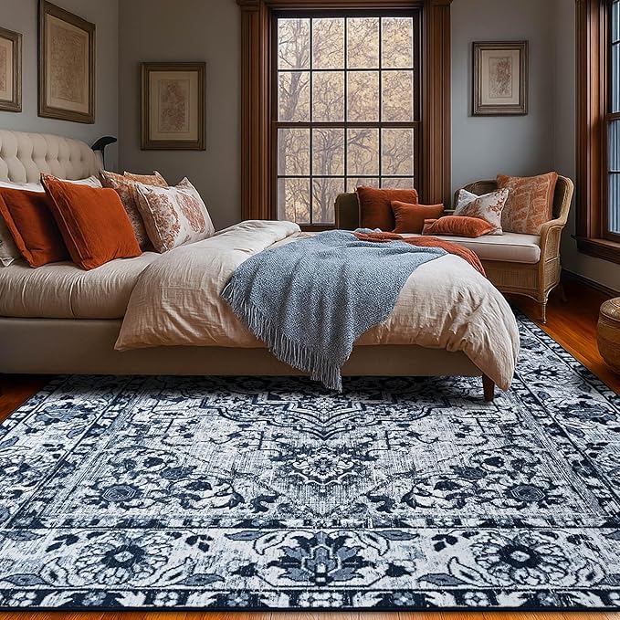 YJ.GWL Area Rugs for Living Room 4x6 Machine Washable Rugs for Bedroom, Non Slip Floral Vintage Rug Indoor Carpet, Stain Resistant Throw Rug for Dining Room Kitchen, Navy Blue