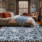 YJ.GWL Area Rugs for Living Room 6x9 Machine Washable Rugs, Non Slip Floral Vintage Rug Indoor Carpet, Stain Resistant Large Rug for Bedroom Dining Room, Navy Blue