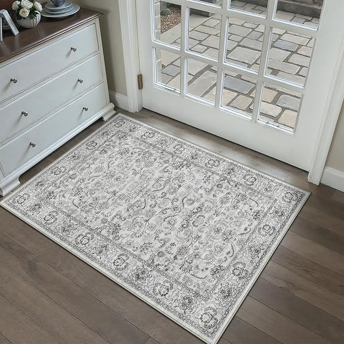 HUGEAR 2x3 Entryway Area Rug Grey Small Rug Machine Washable Door Mat Neutral Vintage Floral Low Pile Carpet Distressed Throw Rug Entrance Kitchen Bathroom Bedroom Office Non Slip Soft Lightweight