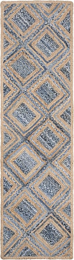SAFAVIEH Cape Cod Collection Runner Rug - 2'3" x 8', Natural & Blue, Handmade Flat Weave Diamond Braided Jute & Denim, Ideal for High Traffic Areas in Living Room, Bedroom (CAP354A)