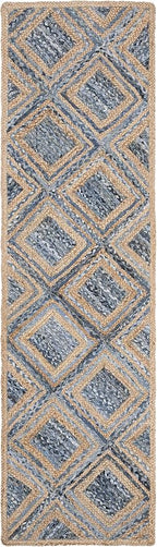 SAFAVIEH Cape Cod Collection Runner Rug - 2'3" x 8', Natural & Blue, Handmade Flat Weave Diamond Braided Jute & Denim, Ideal for High Traffic Areas in Living Room, Bedroom (CAP354A)