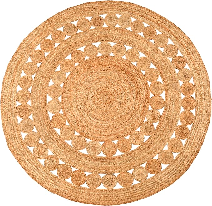Hand Woven Jute Area Rug - 8' Round - Rustic Beige Reversible Farmhouse Rugs for Bedroom, Kitchen, Living Room - Vintage Natural Braided Entry Floor Décor Circle Boho Round Rugs 8ft