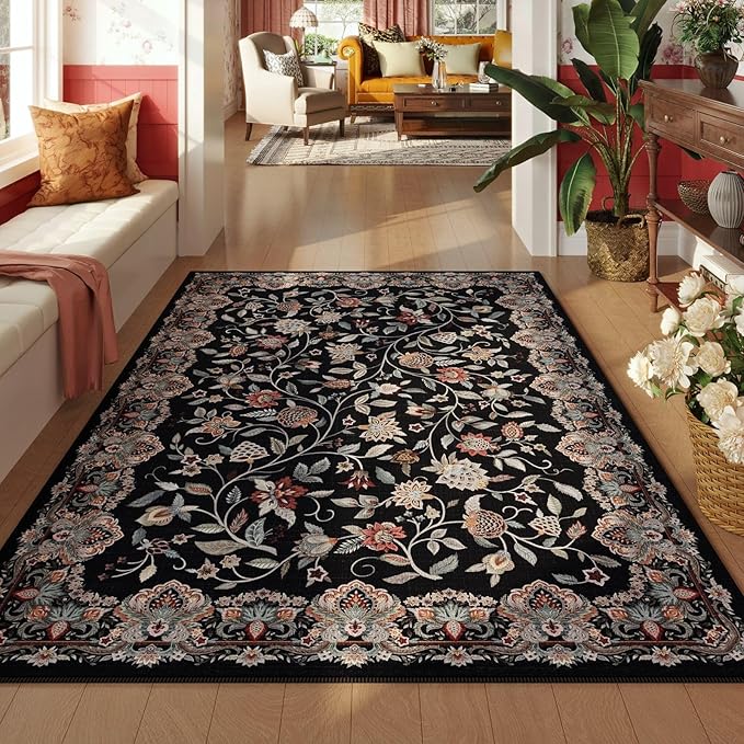 Rugcomf Vintage Paisley Rugs for Bedroom 4'x6' - Machine Washable Area Rug, Non-Slip Low Pile Floral Carpet for Girl/Boys Room, Living Room, Kids, Entry - Black
