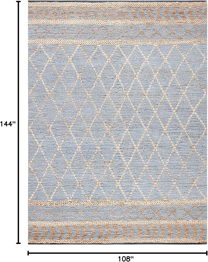 SAFAVIEH Natural Fiber Collection Area Rug - 9' x 12', Natural & Blue, Handmade Boho Moroccan Trellis Jute, Ideal for High Traffic Areas in Living Room, Bedroom (NF955N)