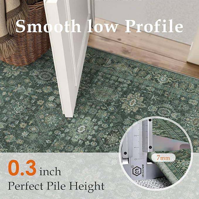 5x7 Washable Area Rug for Living Room Bedroom Vintage Green Soft Low Pile Carpet Traditional Retro Non Slip Throw Rug for Dining Room Entryway Indoor Dorm Kitchen