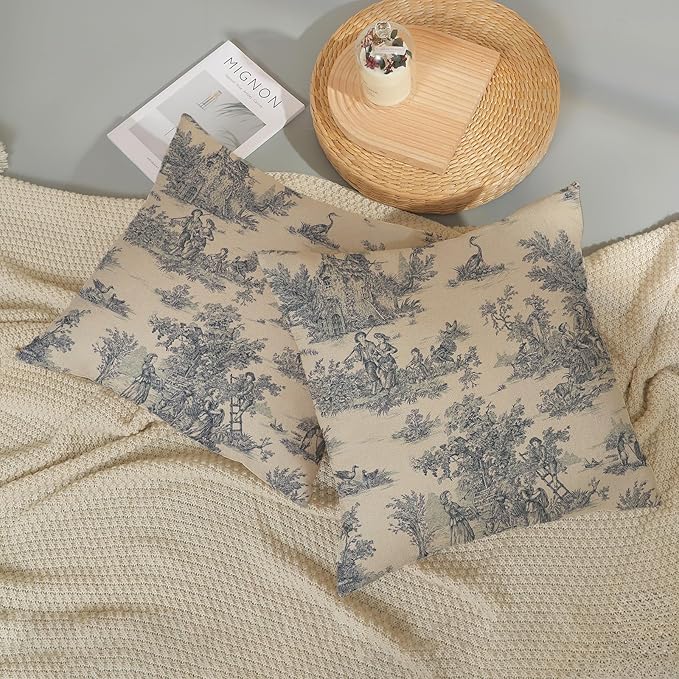 Blue Toile Pillow Covers 18x18 Inch Set of 2 Vintage French Country Throw Pillows Outdoor French Country Decorative Pillow Cases Rustic Linen Decor Farmhouse Cushion Case for Couch Bedroom
