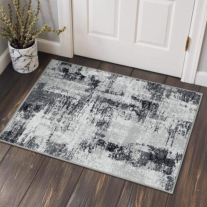 GENIMO 2x3 Rugs for Entryway Entrance, Modern Machine Washable Rug Ultra Soft Indoor Area Rugs 2x3 for Bedroom Kitchen Bathroom, Lightweight Low Pile Carpet with Non Slip Backing, Black White