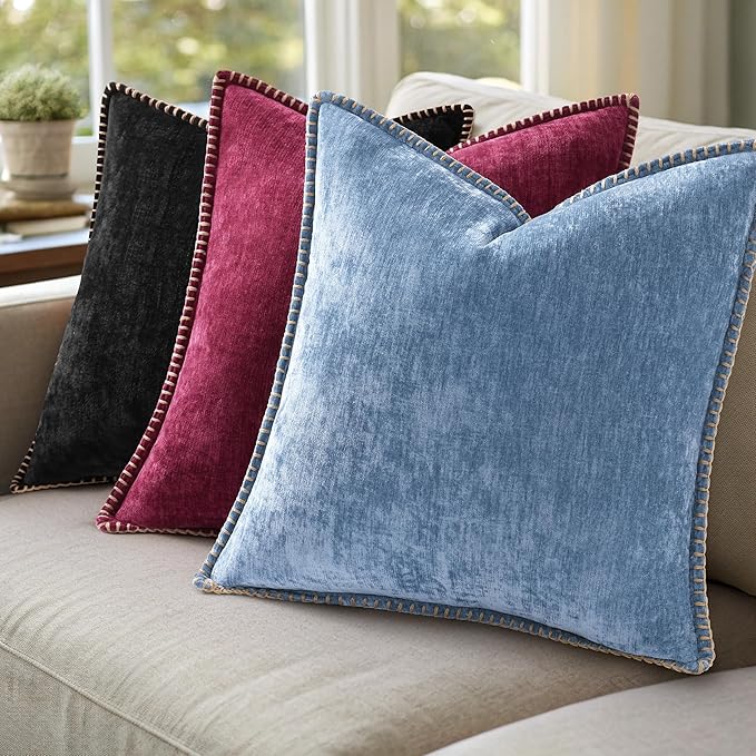 decorUhome Chenille Soft Cozy Throw Pillow Covers 20x20 Set of 2, Modern Farmhouse Boho Velvet Decorative Pillow Cases with Stitched Edge for Couch Sofa Bed Home Decor, Rhododendron