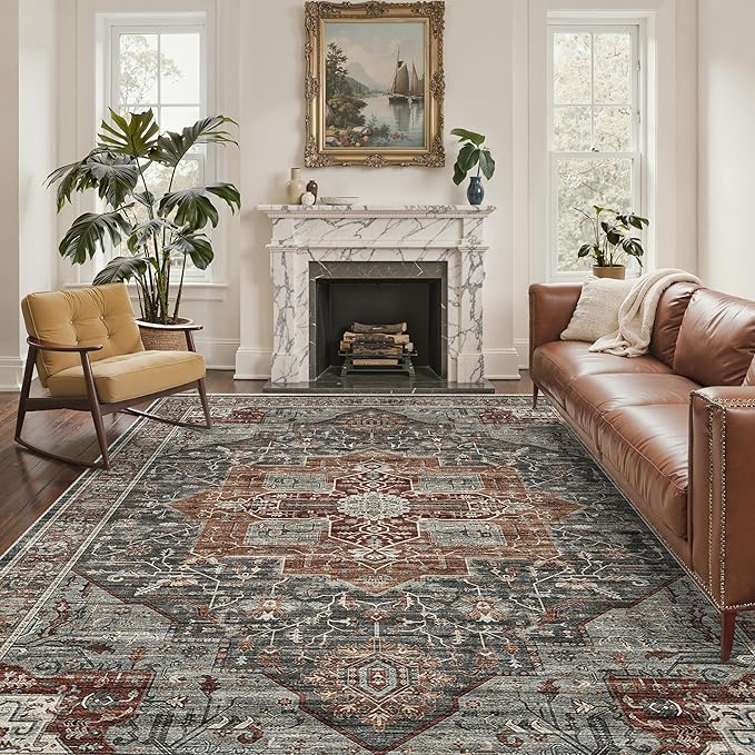 5x7 Area Rugs, Stain Resistant Machine Washable Area Rugs with Non-Slip Backing, Vintage Rugs for Bedroom, Living Room, Large Soft Low Pile Area Rug (Grey/Brown/Tan, 5'x7')