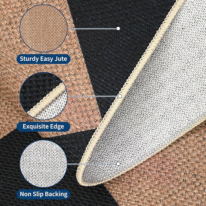 GarveeHome Easy Jute 8x10 Area Rugs for Living Room Checkered Rugs Machine Washable Non-Slip Backing Indoor Outdoor Carpets for Farmhouse Dining Room Nursery Patio Black Tan