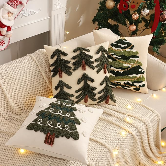 Tosleo Christmas Tufted Pillow Covers 18 x 18 inch Set of 2 Green Xmas Tree with Gold Star Throw Pillow Cover Party Decor Winter Holiday Embroidery Cushion Case for Sofa Couch Bed Living Room