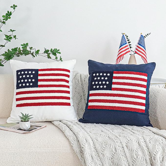 Jonhier 4th of July Throw Pillow Cover, Independence Day Patriotic Throw Pillow Case Tufted American Flag Pattern, Textured Cushion Cases Memorial Day Flag Day Decor for Sofa Bed (White, 18” x 18”)