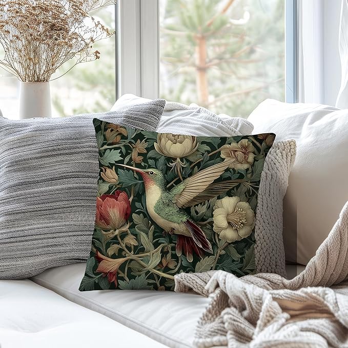 Vintage William Morris Green Hummingbird Pillow Cover 18x18,Rustic Green Hummingbird Bird Animal Floral Botanical Print Decorative Throw Pillow Covers for Home Bedroom Living Room