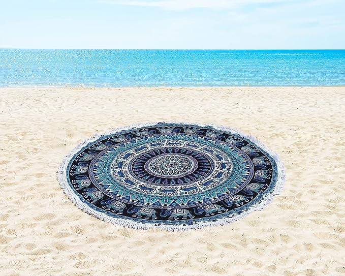 Round Beach Tapestry Turquoise Mandala Throw/Boho Hippie Beach Blanket Roundie/Indian Cotton Bohemian Large Round Table Cloth-Home Decor/Yoga Mat Meditation Picnic Rug (42", Green and Black)