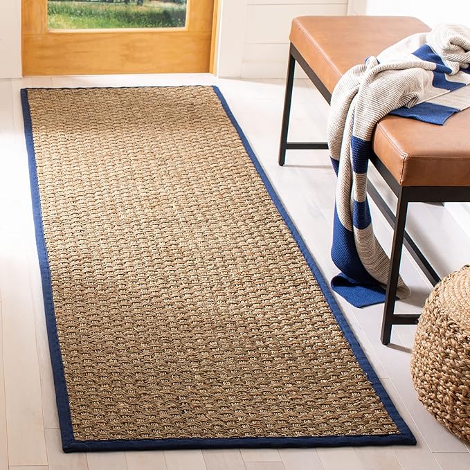 SAFAVIEH Natural Fiber Collection Runner Rug - 2'6" x 8', Natural & Blue, Seagrass, Basketweave Pattern with Border (NF114E)