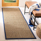SAFAVIEH Natural Fiber Collection Runner Rug - 2'6" x 8', Natural & Blue, Seagrass, Basketweave Pattern with Border (NF114E)