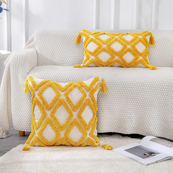 PANOD Super Soft Farmhouse Decorative Plush Throw Pillow Covers 18 x 18 Yellow,Solid Diamond Pattern Tufted with Tassels Modern Accent Boho Square Cushion Cover Pillow Case for Couch Sofa