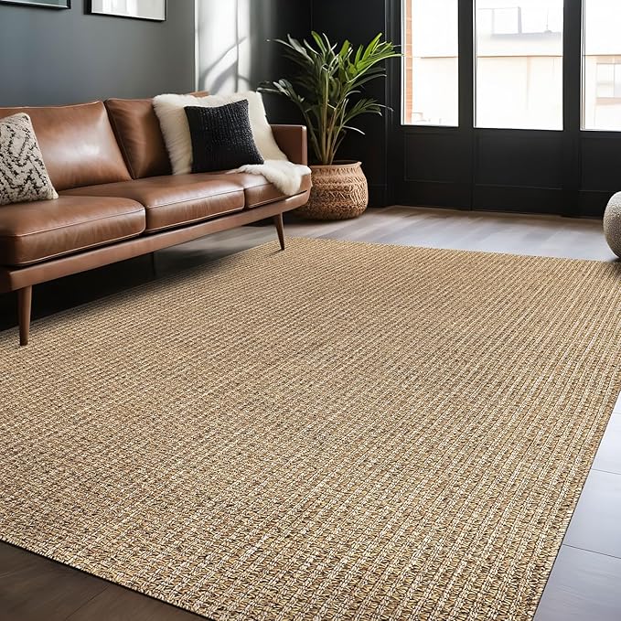 Easy Jute Rugs 5x7 Natural Color Living Room Indoor Outdoor Area Rug for Farmhouse Patio and Kitchen Rug High Traffic Washable Easy to Clean Solid Boho Woven Design Outside Carpet (5 x 7)