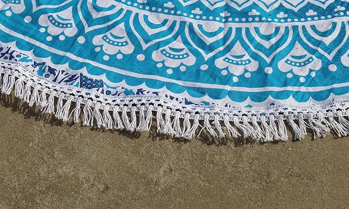 Round Beach Tapestry Turquoise Mandala Throw/Boho Hippie Beach Blanket Roundie/Indian Cotton Bohemian Large Round Table Cloth-Home Decor/Yoga Mat Meditation Picnic Rug (42", Blue and White)
