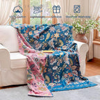 Boho Throw Blanket - 100% Cotton Ultra Soft Muslin Spring Blanket, 60"x80" Lightweight Floral Butterfly Framhouse Bedding Blanket for Bed, All Season Blue Bohemian Bedroom Home Decor Quilt