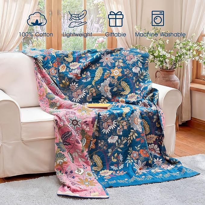 Boho Throw Blanket - 100% Cotton Ultra Soft Muslin Spring Blanket, 50"x60" Lightweight Floral Butterfly Framhouse Bedding Blanket for Bed, All Season Blue Bohemian Bedroom Home Decor Quilt
