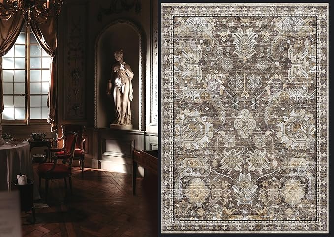 RUGSURE Washable Area Rugs - Perfect for Living Room, Bedroom, Kids Room, Nursery - Stain & Water Resistant Non-Slip, Pet & Child Friendly, Vintage Tribal Area Rugs (Ivory, 5' x 7')