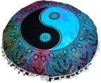 Round Mandala Floor Pillow Cover Seating Cushion Throw Cover Hippie Decorative Bohemian Ottoman Pouf Cover, Pom Pom Pillow Cases,Boho Indian 22 Inches (Multi Color Yin yang)