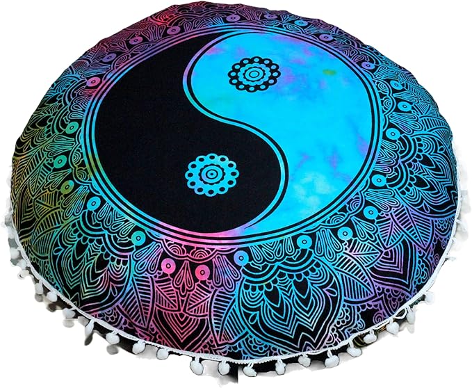 Round Mandala Floor Pillow Cover Seating Cushion Throw Cover Hippie Decorative Bohemian Ottoman Pouf Cover, Pom Pom Pillow Cases,Boho Indian 22 Inches (Multi Color Yin yang)