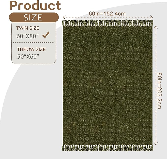 Chenille Throw Blanket for Couch with Tassels,60"X80" Soft Cozy Lightweight Knitted Boho Decorative Blankets for Bed and Sofa,Olive Green