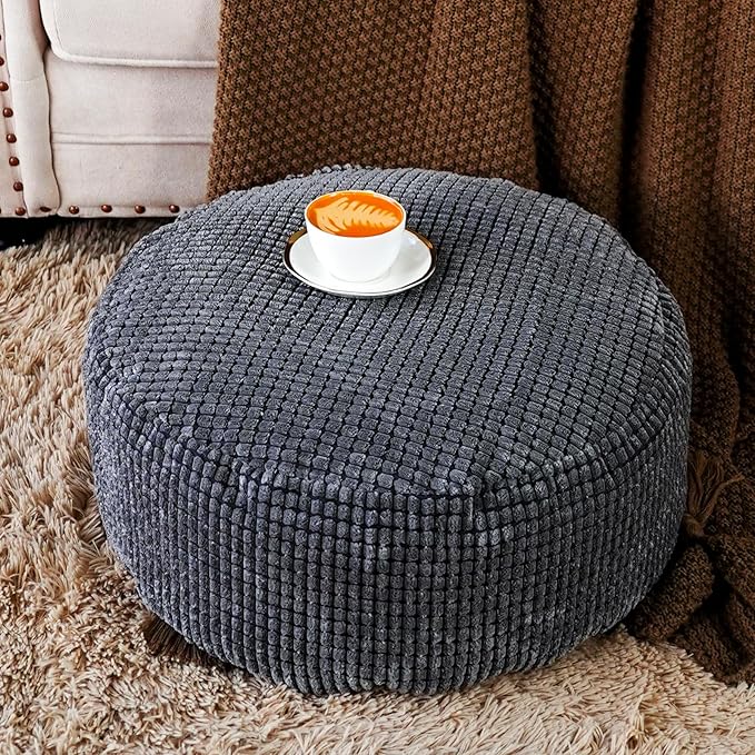 SUTAVIA Pouf Ottoman Cover Unstuffed Pouf Seat Decorative Soft Storage Bean Bag 20x20x8 Inches Floor Footrest for Living Room Bedroom (Dark Gray, Round)
