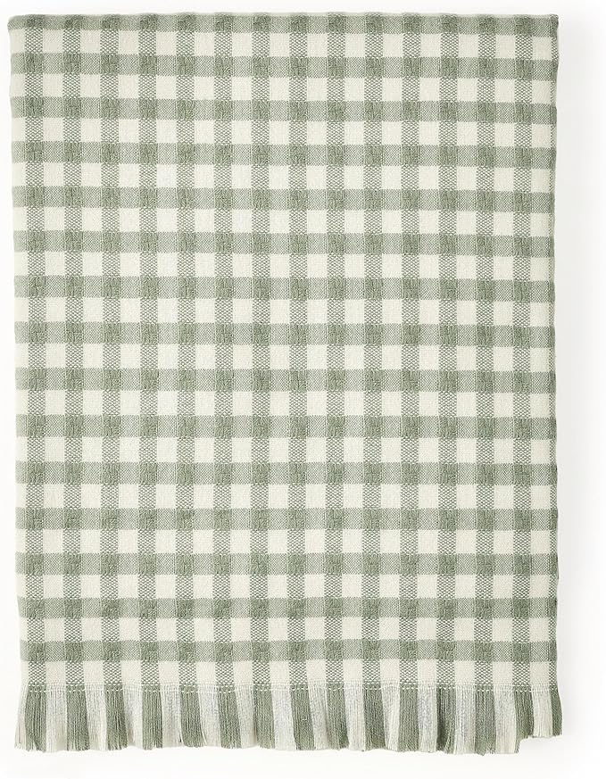 CREVENT Farmhouse Boho Knitted Throw Blanket for Couch Sofa Chair Bed Home Decoration, Soft Warm Cozy Light Weight for Spring Summer Fall (50''X60'' Plaid Green)