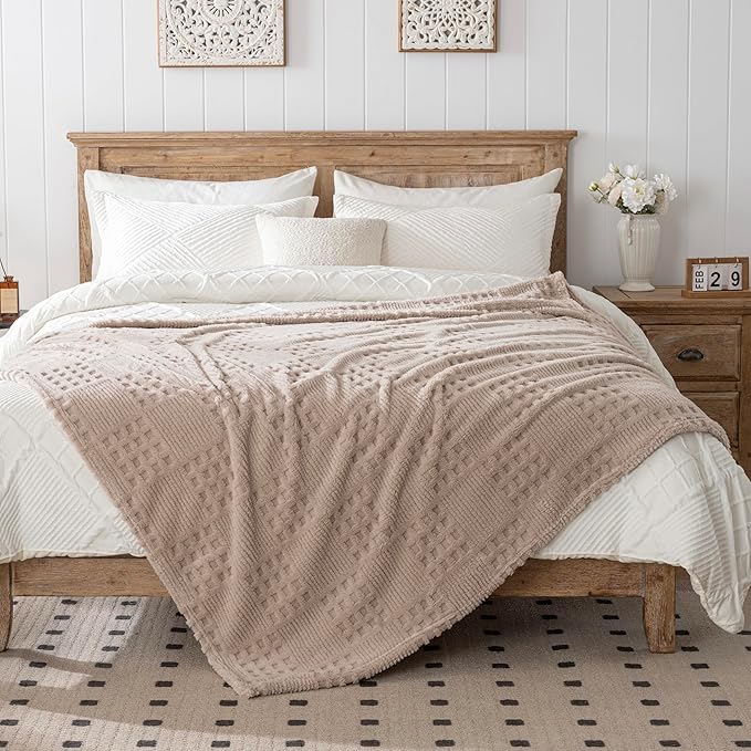 60x80 Inch Waffle Brown Twin Blanket -Fluffy Fleece, Neutral Tan Color, Cute & Aesthetic, Perfect for Sofa, Couch, Chair, Bed, Living Room & Bedroom, All-Season Use, Plush & Cozy Decorative Blanket