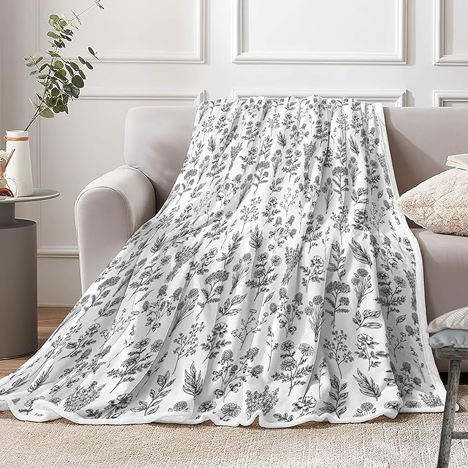 Floral Fuzzy Blanket Black Floral Throw Blanket, Botanical Flowers Blankets, Soft, Flannel, Warm, Boho Flowers Bed Blankets All Season for Couch Bedroom Living Room 50X70 Inch