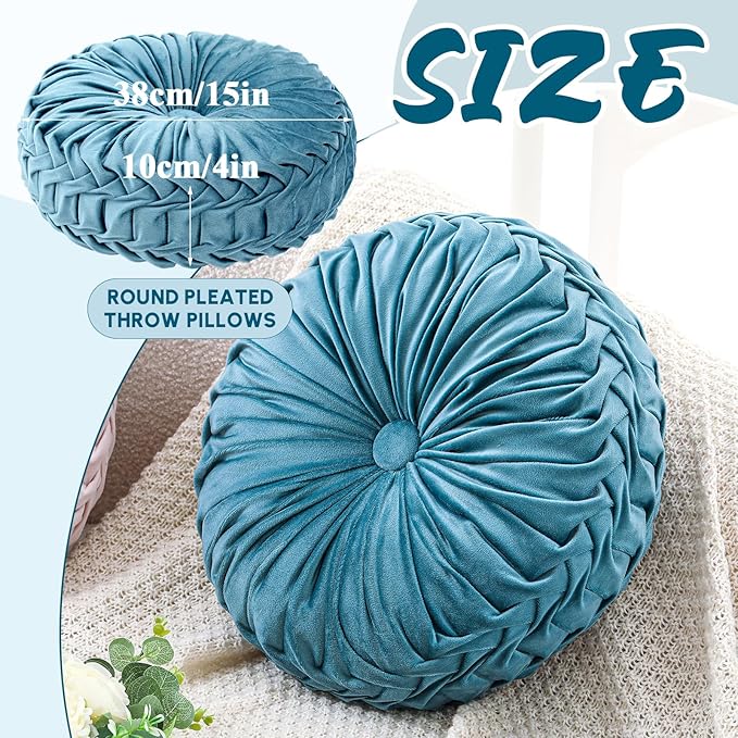 Round Throw Pillows Decorative Pleated Throw Pillows 15'' Diameter Accent Pumpkin Boho Chair Cushion for Couch Sofa Home Decoration(Dusty Blue,1 Pcs)