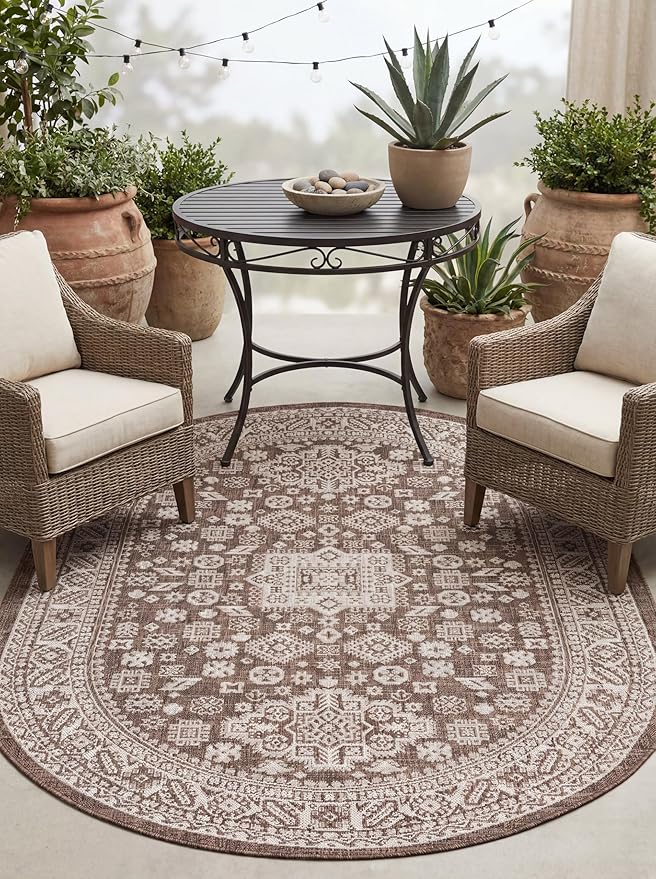 Rugs.com Outdoor Aztec Collection Rug – 5' x 8' Oval Brown Flatweave Rug Perfect for Living Rooms, Large Dining Rooms, Open Floorplans