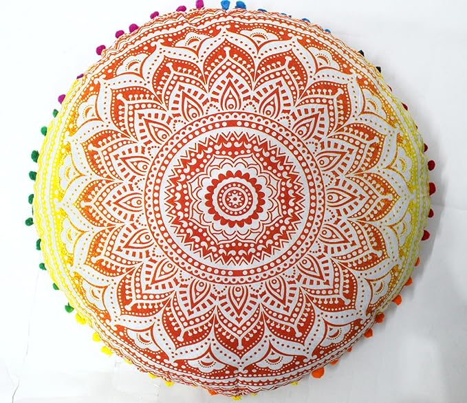 CRAFT KALA 32" Large Round Bohemian Floor Pillow Pouf Cover Mandala Meditation Room Pillow Cover for Adults Boho Seating Poufs Cushion Cover for Kids Playroom Yellow Orange Ombre