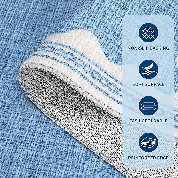 Scalloped Blue 4ft Round Rug Washable Non-Slip Soft Ultra-Thin Small Circle Modern Cottage Core Solid Tan Carpet for Entryway Kitchen Bedroom Nursery Dining Room