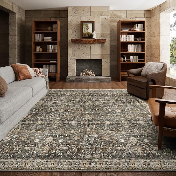 6x9 Washable Rug Vintage Fade Resistant Boho Distressed Non-Slip Indoor Large Carpet Low Pile Lightweight & High-Traffic Safe for Bedroom, Dorm, Playroom - Farmhouse Decor