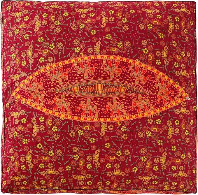 Popular Handicrafts Floor Pillow Cushion Cover - Hippie Elephant Mandala Square Ottoman Daybed Oversized Cotton Cushion Cover with Heavy Duty Zipper - Dog-Pets Bed, 35" Maroon