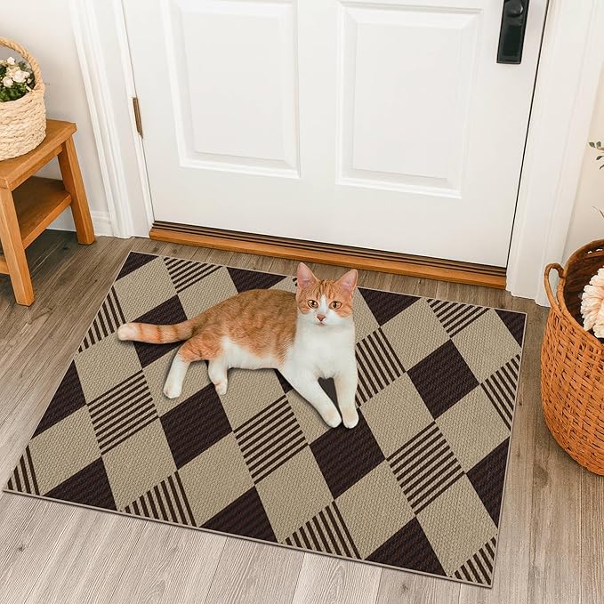 2x3 Diamond Front Door Rug Indoor Entrance - Easy Jute Door Rugs for Entryway, Doorway, Kitchen, Mudroom, Non Slip with Rubber Backing Fall Beige Black Décor