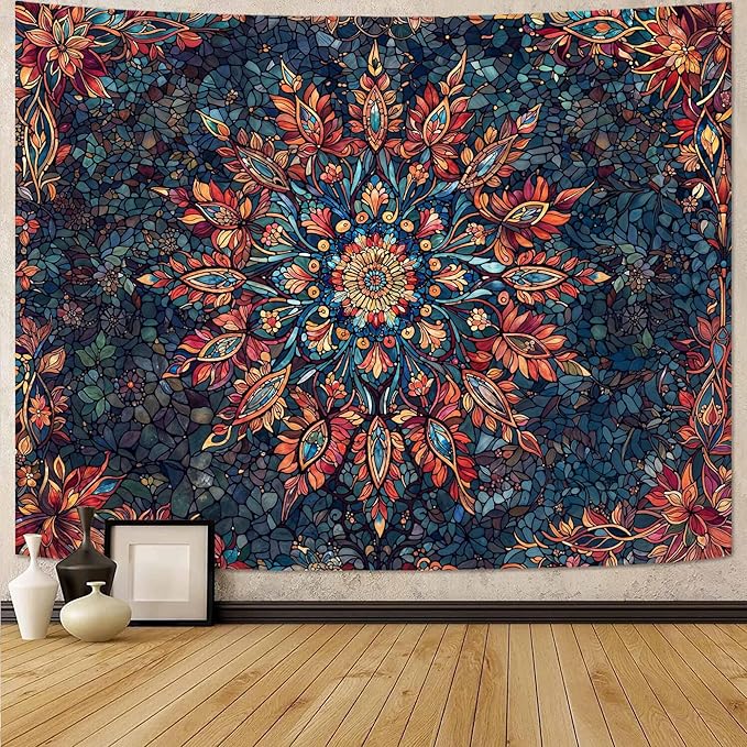 Accnicc Boho Floral Mandala Tapestry for Bedroom Hippie Bohemian Flower Wall Tapestry Aesthetic Large Stained Glass Red Blue Indian Tapestries Wall Hanging for Living Room Dorm Decor 80 x 60 Inch