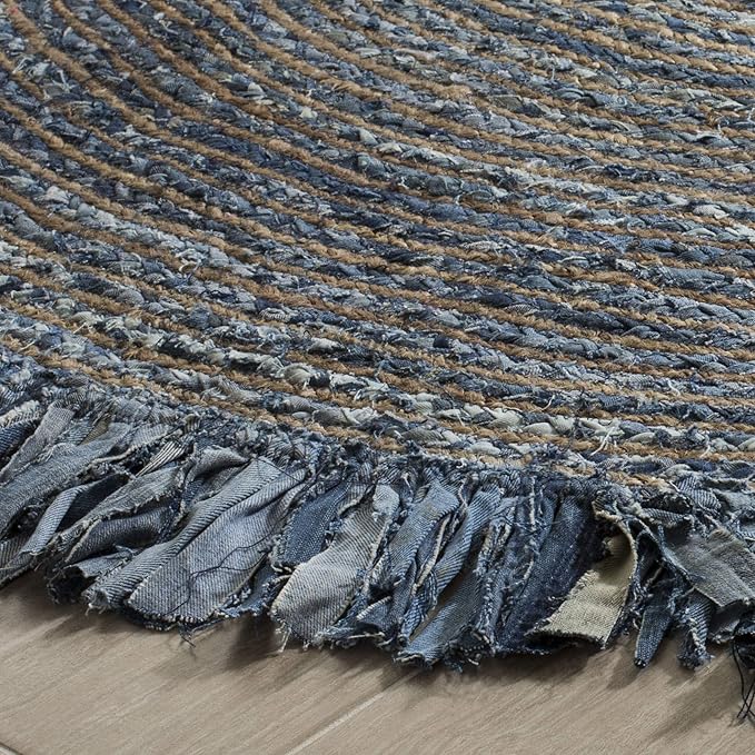 SAFAVIEH Cape Cod Collection Area Rug - 7' Round, Ivory & Denim, Handmade Boho Fringe Jute & Cotton, Ideal for High Traffic Areas in Living Room, Bedroom (CAP206D)
