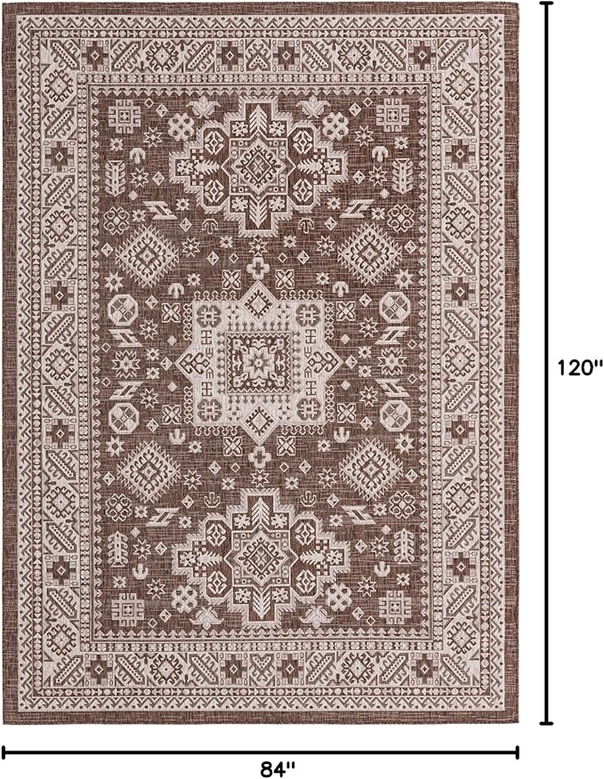 Rugs.com Outdoor Aztec Collection Rug – 7' x 10' Brown Flatweave Rug Perfect for Living Rooms, Large Dining Rooms, Open Floorplans
